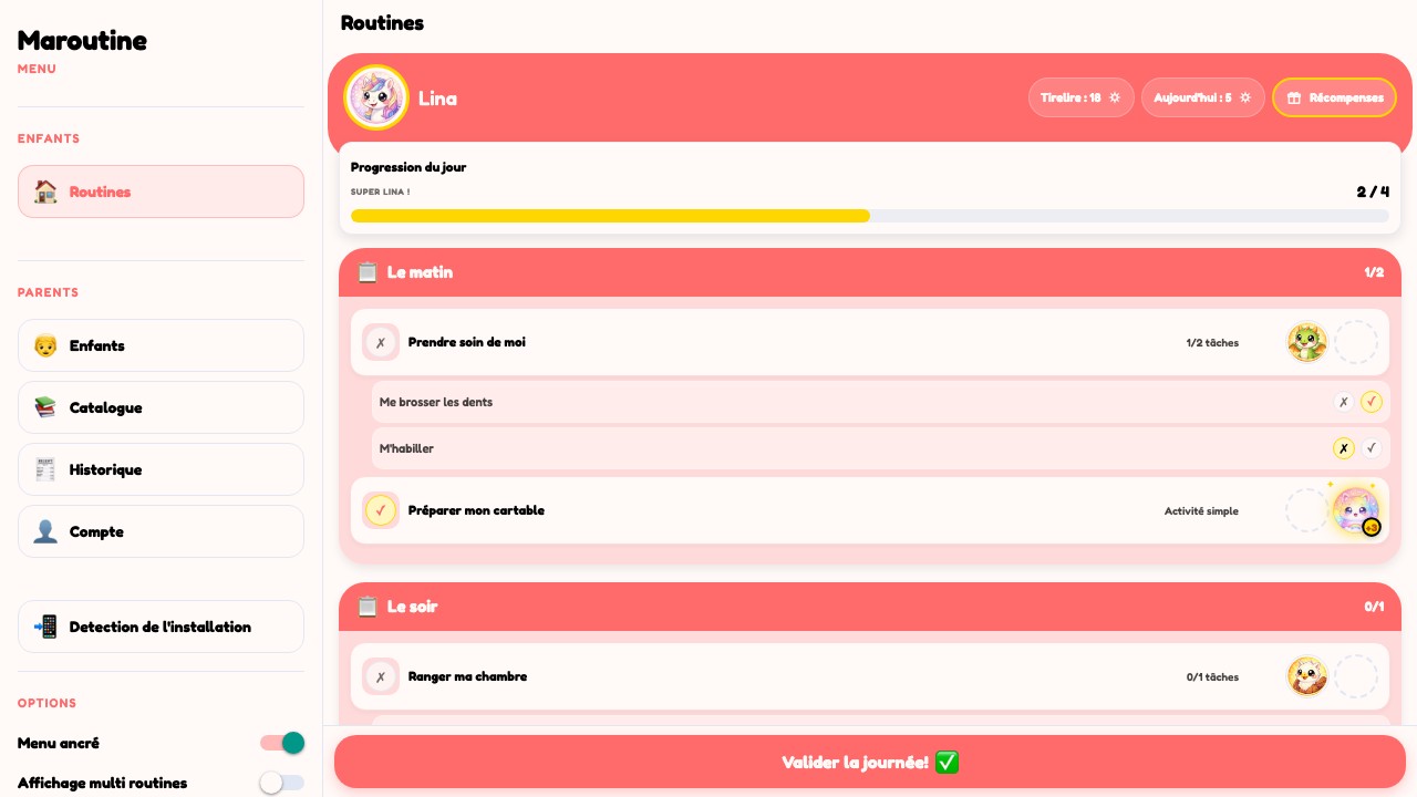 Accueil connecté de l’application Maroutine sur ordinateur avec les routines du jour