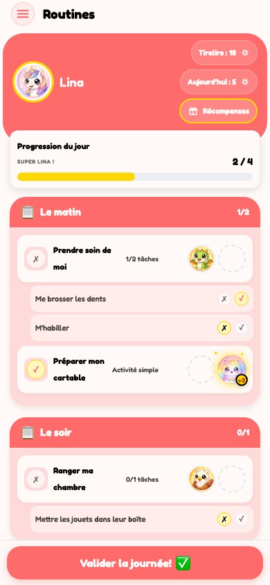 Accueil connecté de l’application Maroutine sur mobile avec la routine du jour